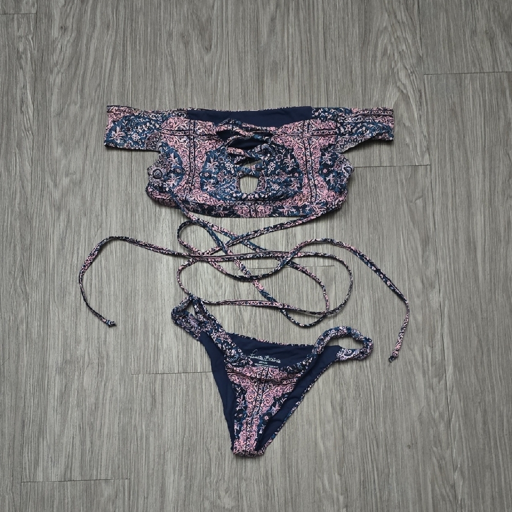 Frankie's Bikinis Taj M Off Shoulder Keyhole Tie Waist Top M Brazillian Bottoms